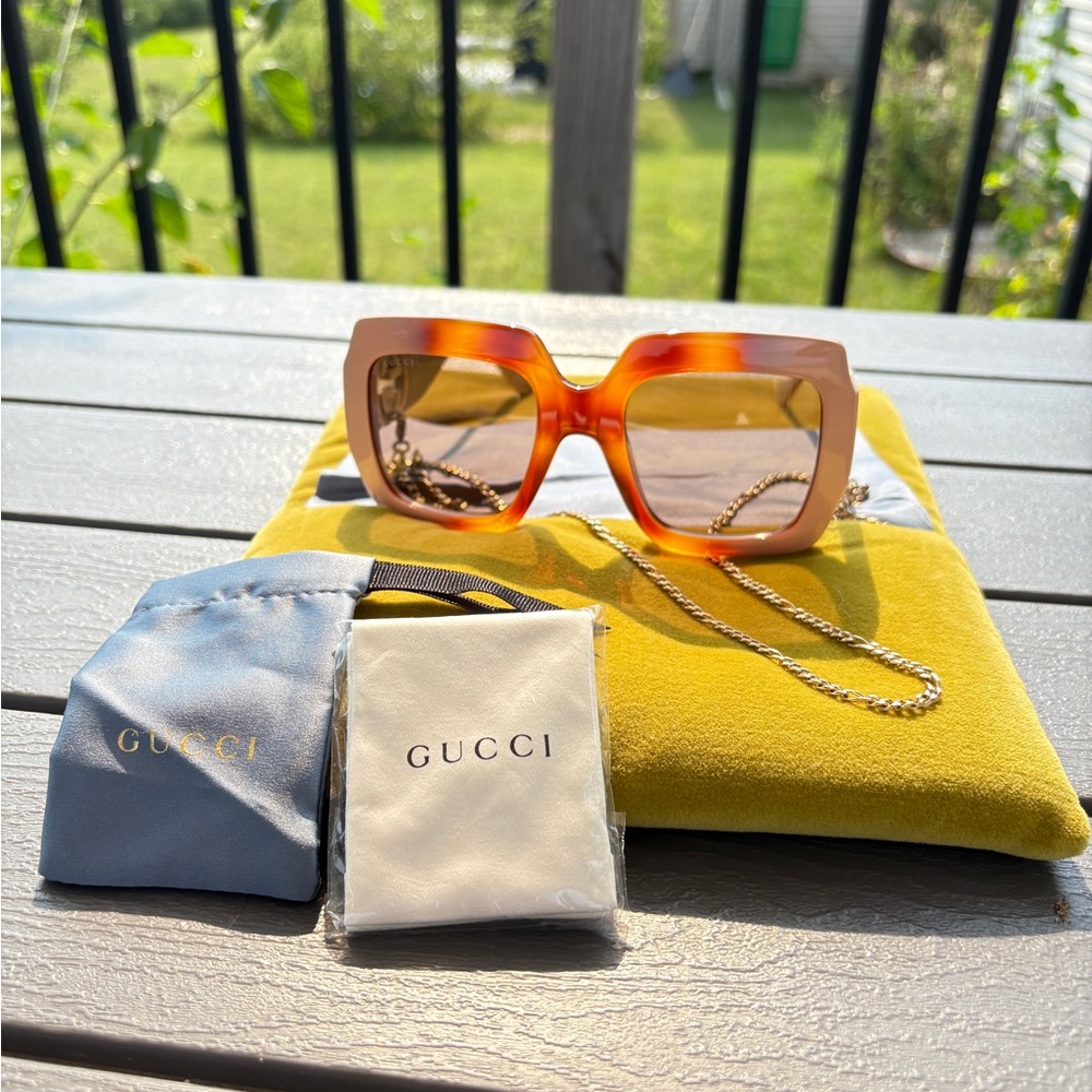 Gucci Bold Orange Sunglasses with Gold Chain